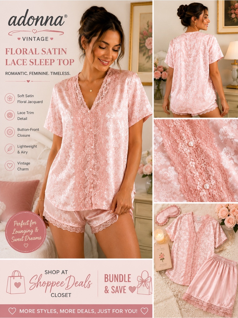 Vintage Adonna Pink Floral Satin Sleep Top Medium